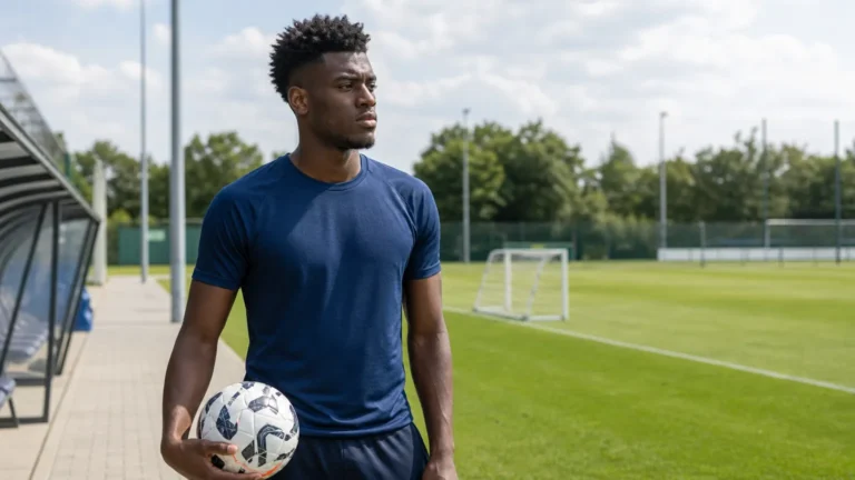 Benoît Badiashile in neutrale sportkleding naast een trainingsveld.