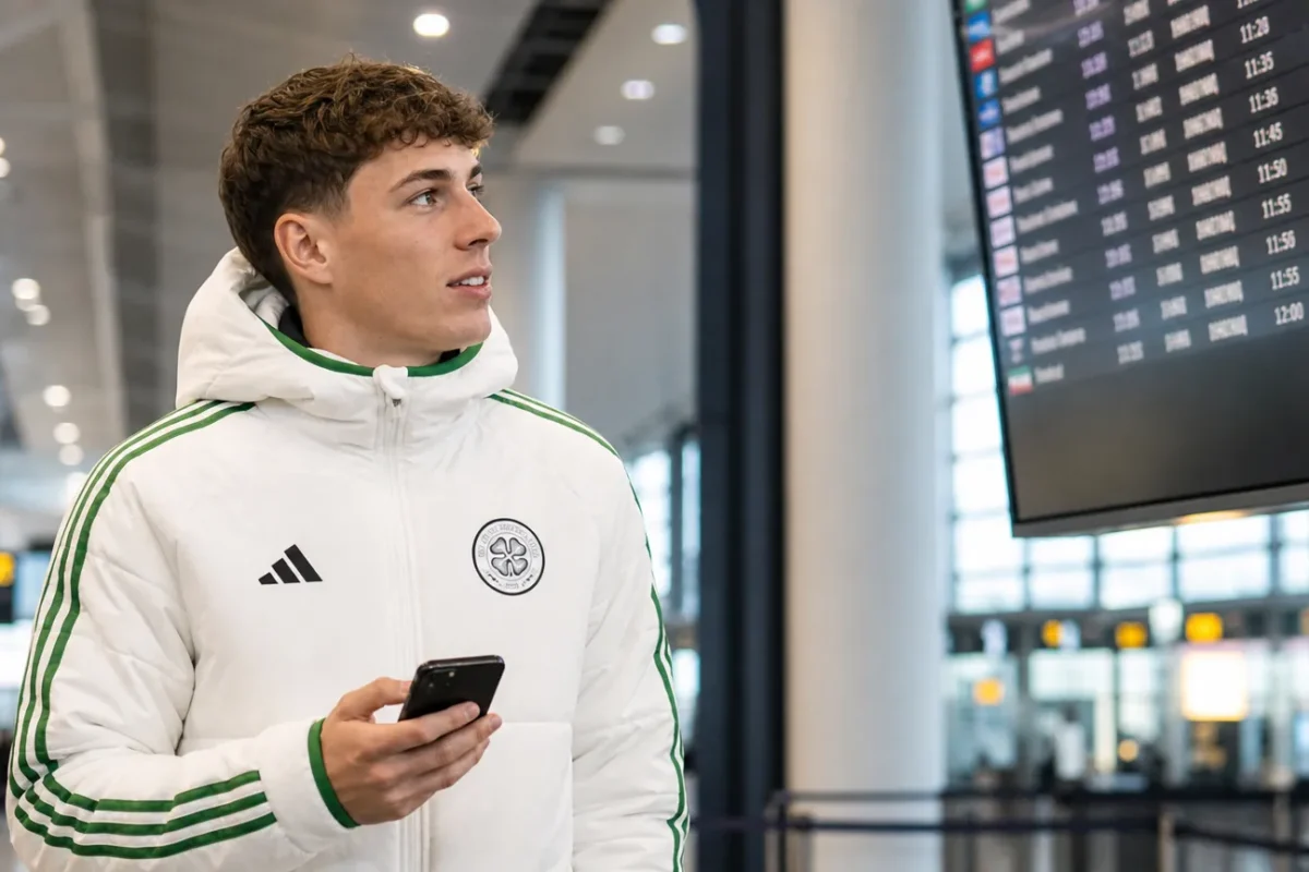 Arne Engels in een witte Celtic-jas met telefoon in een luchthavenvertrekhal.