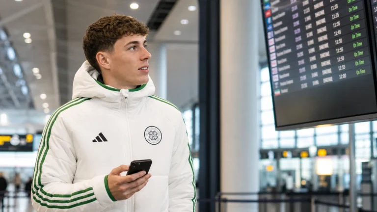 Arne Engels in een witte Celtic-jas met telefoon in een luchthavenvertrekhal.