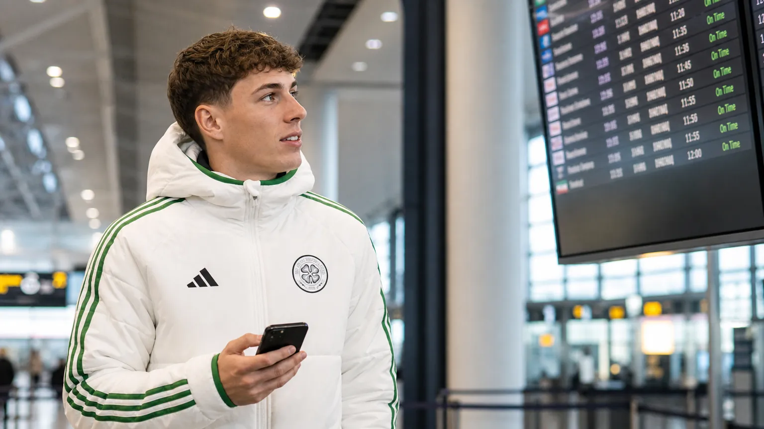 Arne Engels in een witte Celtic-jas met telefoon in een luchthavenvertrekhal.