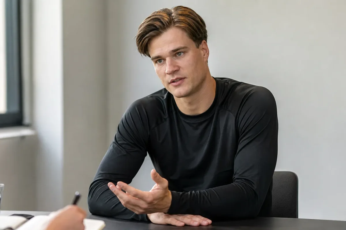 Bjorn Meijer tijdens een rustig interviewmoment in neutrale sportkleding.