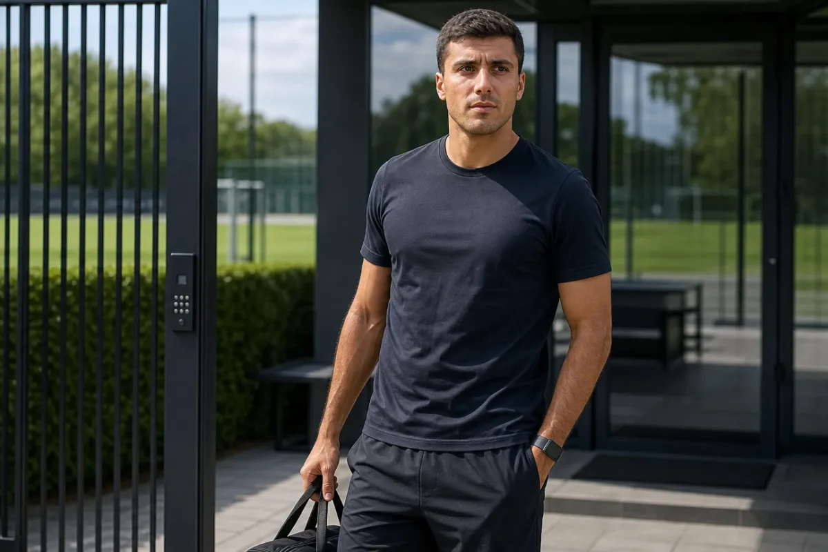 Rodri in neutrale sportkleding bij een trainingscomplex.
