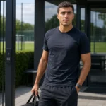 Rodri in neutrale sportkleding bij een trainingscomplex.