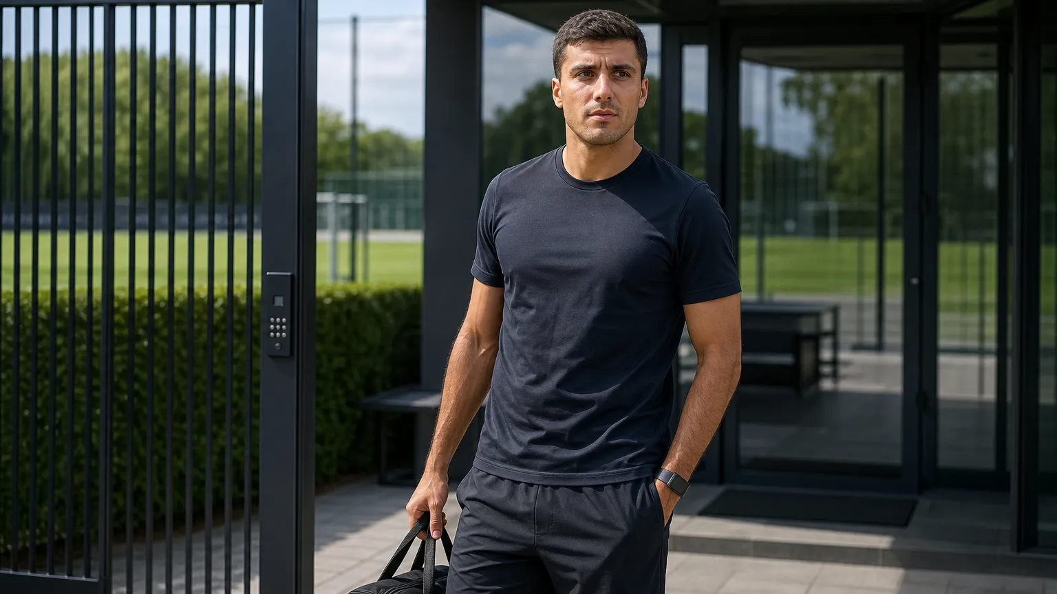 Rodri in neutrale sportkleding bij een trainingscomplex.