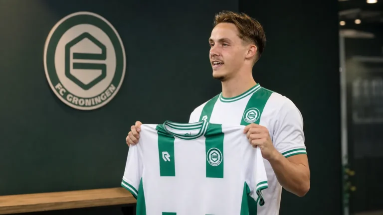 Jacob Ondrejka toont het shirt van FC Groningen tijdens zijn officiële voorstelling.