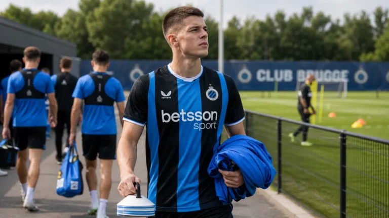 Club Brugge-context aan het trainingscomplex met spelers en staf op de achtergrond.