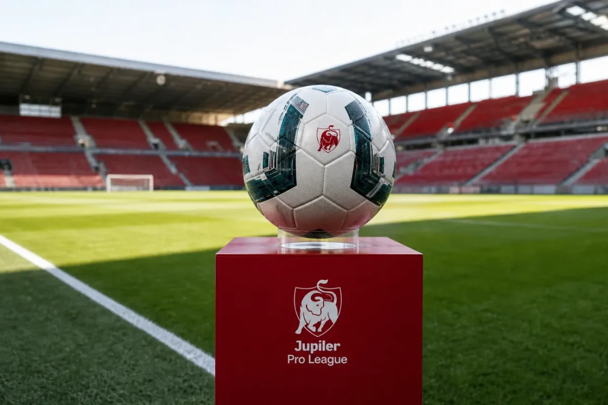 Een Jupiler Pro League-wedstrijdbal op een rode wedstrijdzuil langs het veld.