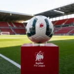 Een Jupiler Pro League-wedstrijdbal op een rode wedstrijdzuil langs het veld.