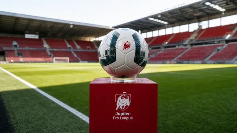 Een Jupiler Pro League-wedstrijdbal op een rode wedstrijdzuil langs het veld.