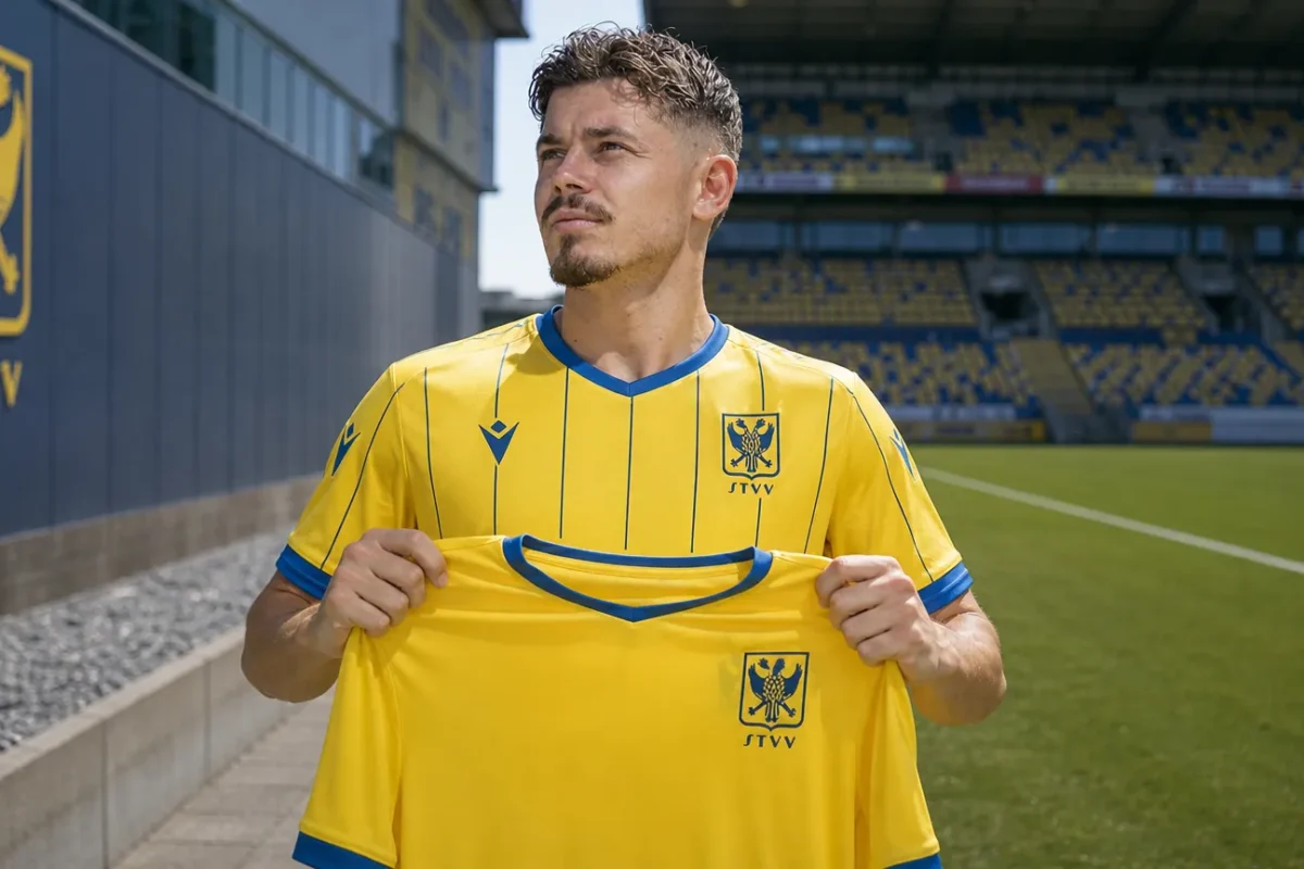 Arbnor Muja poseert met een geel STVV-shirt tijdens zijn officiële voorstelling.