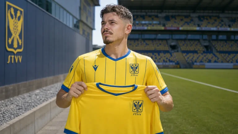 Arbnor Muja poseert met een geel STVV-shirt tijdens zijn officiële voorstelling.