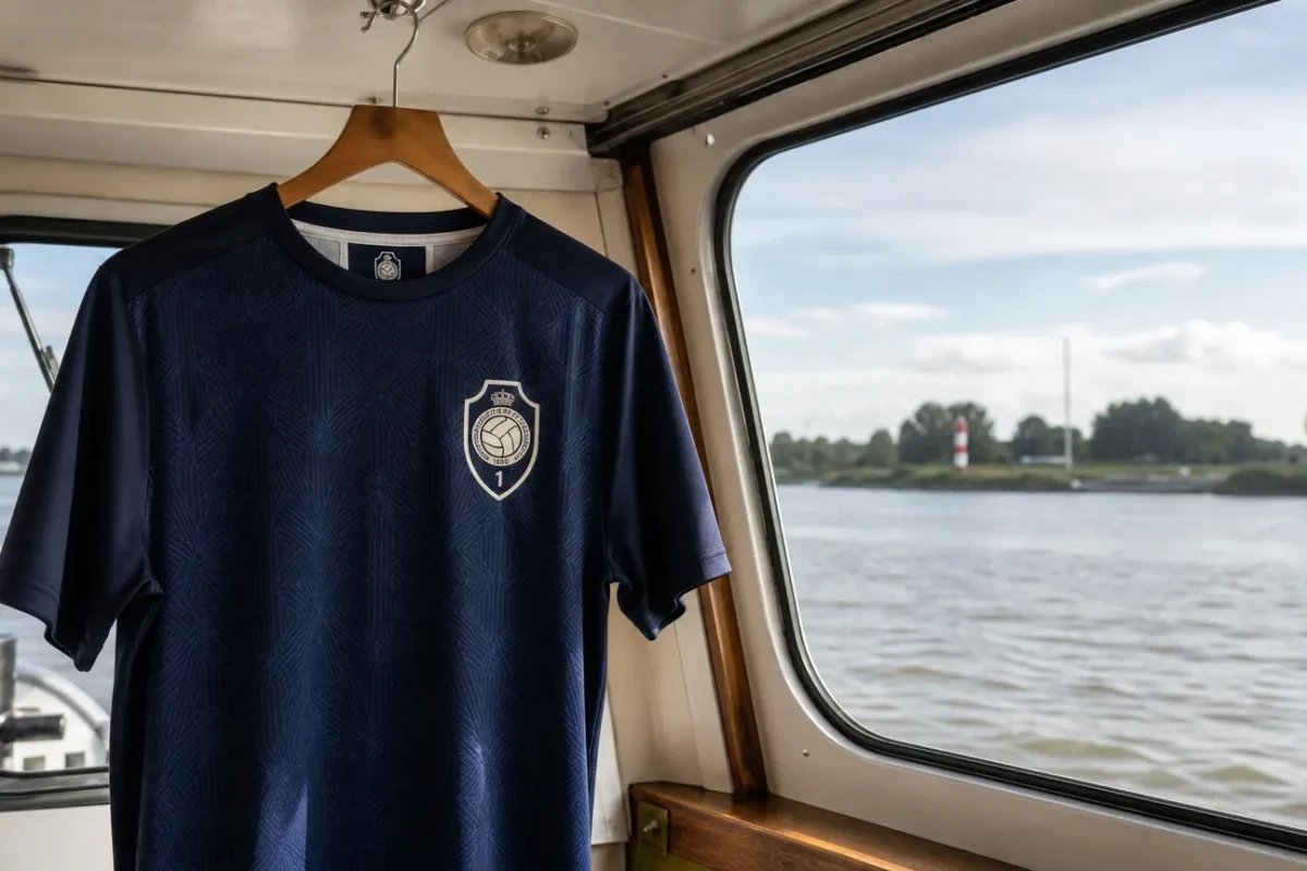Het donkerblauwe derde shirt van Royal Antwerp FC hangt in de cabine van een boot.