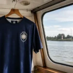 Het donkerblauwe derde shirt van Royal Antwerp FC hangt in de cabine van een boot.
