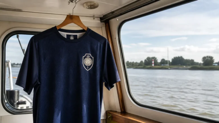 Het donkerblauwe derde shirt van Royal Antwerp FC hangt in de cabine van een boot.