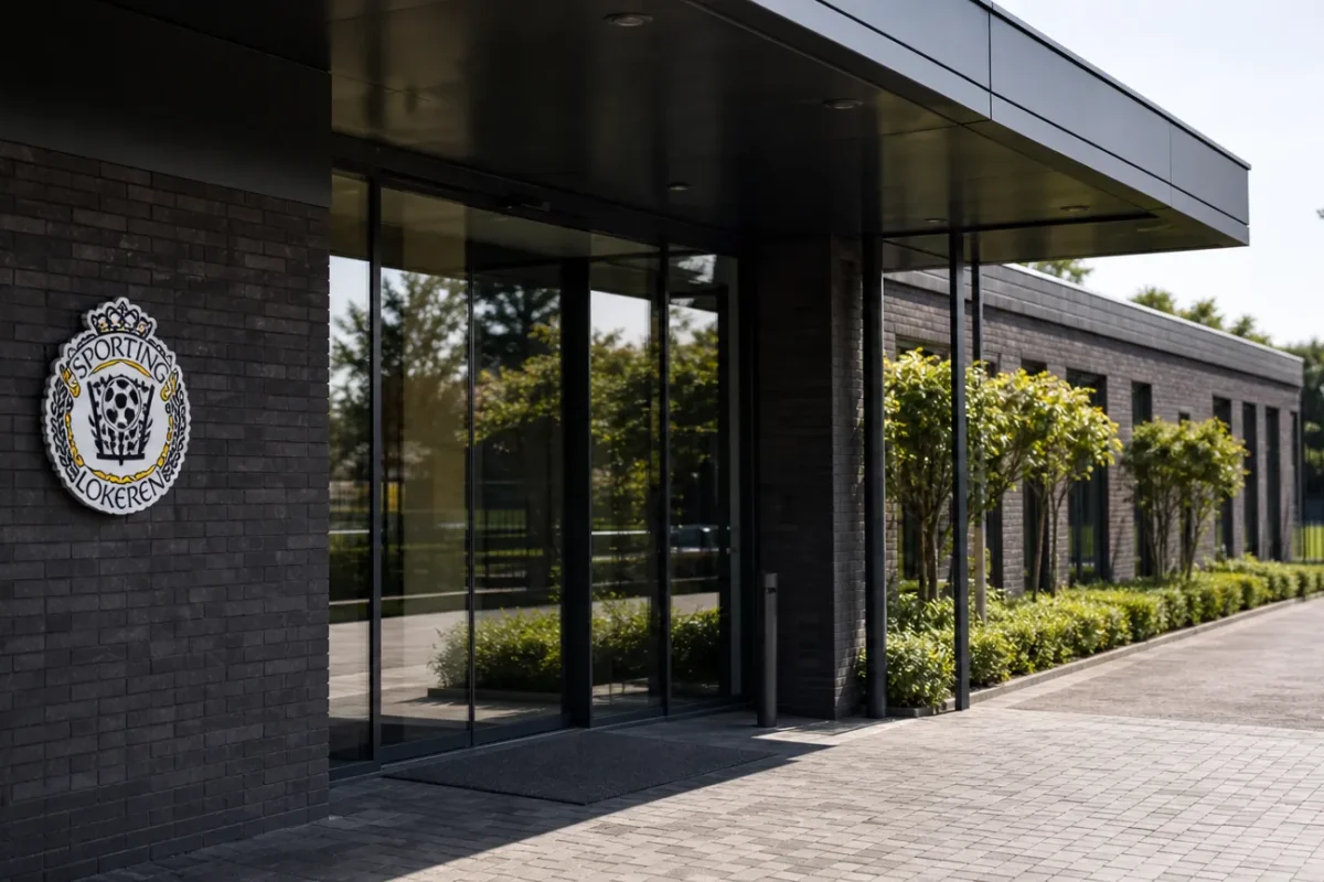 Het clubgebouw van Lokeren met een discreet zichtbaar clubembleem aan de gevel.