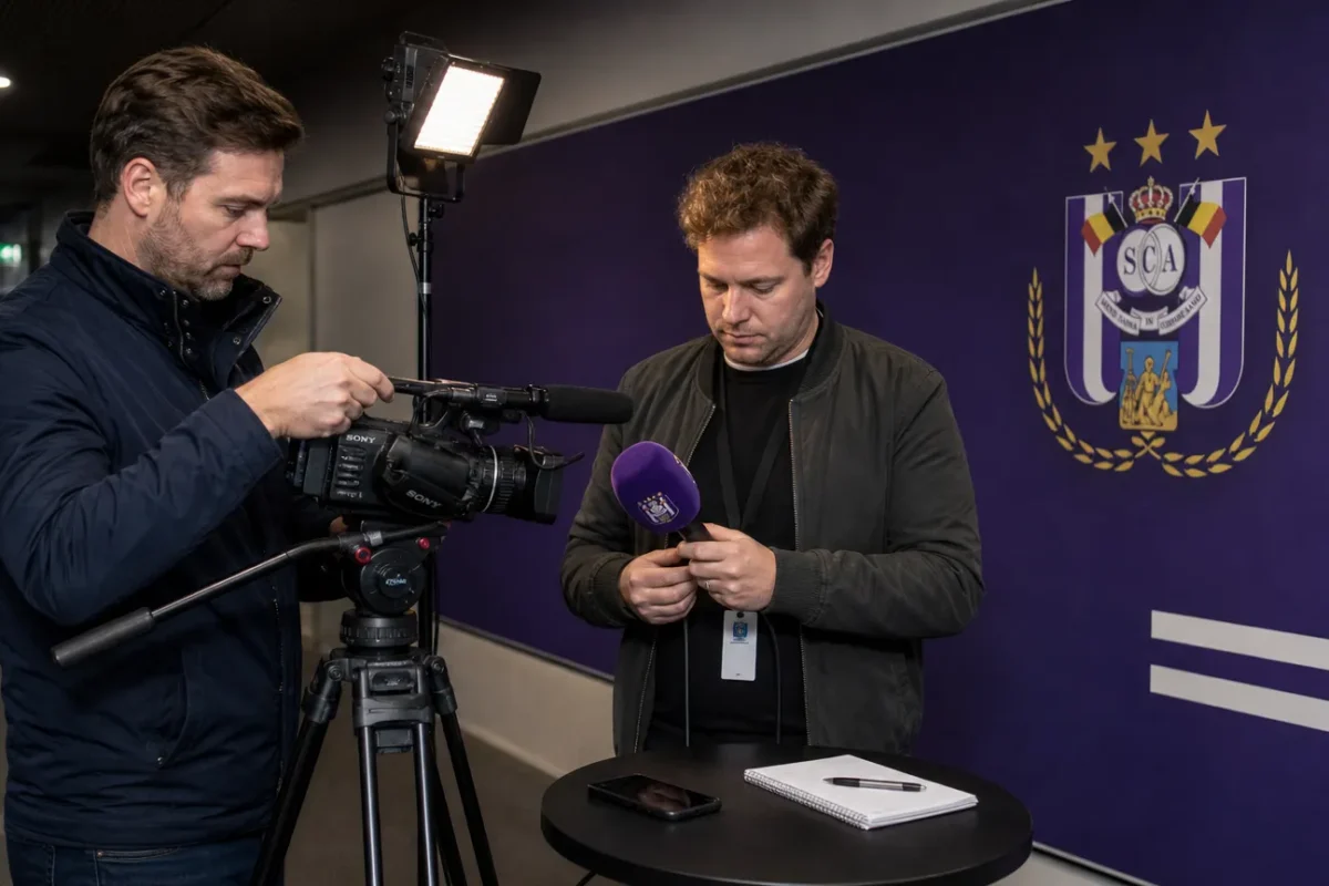 Journalisten bereiden een interviewzone voor in de gemengde zone van het Lotto Park.