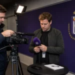 Journalisten bereiden een interviewzone voor in de gemengde zone van het Lotto Park.