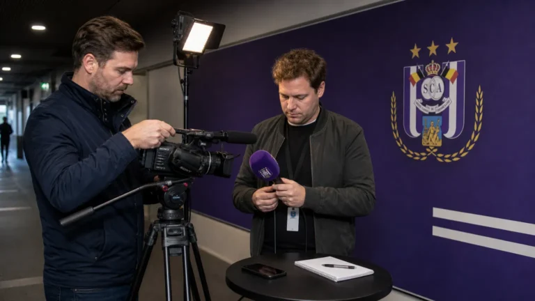 Journalisten bereiden een interviewzone voor in de gemengde zone van het Lotto Park.