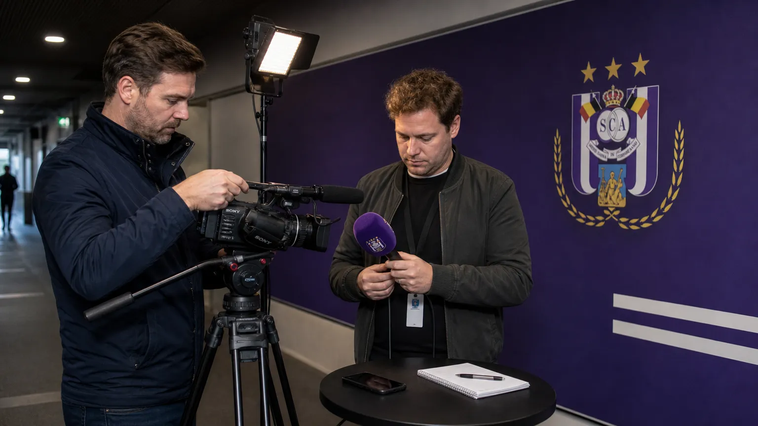 Journalisten bereiden een interviewzone voor in de gemengde zone van het Lotto Park.