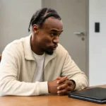 Nathan Ngoumou zit in neutrale reiskleding in een rustige clubvergaderruimte.