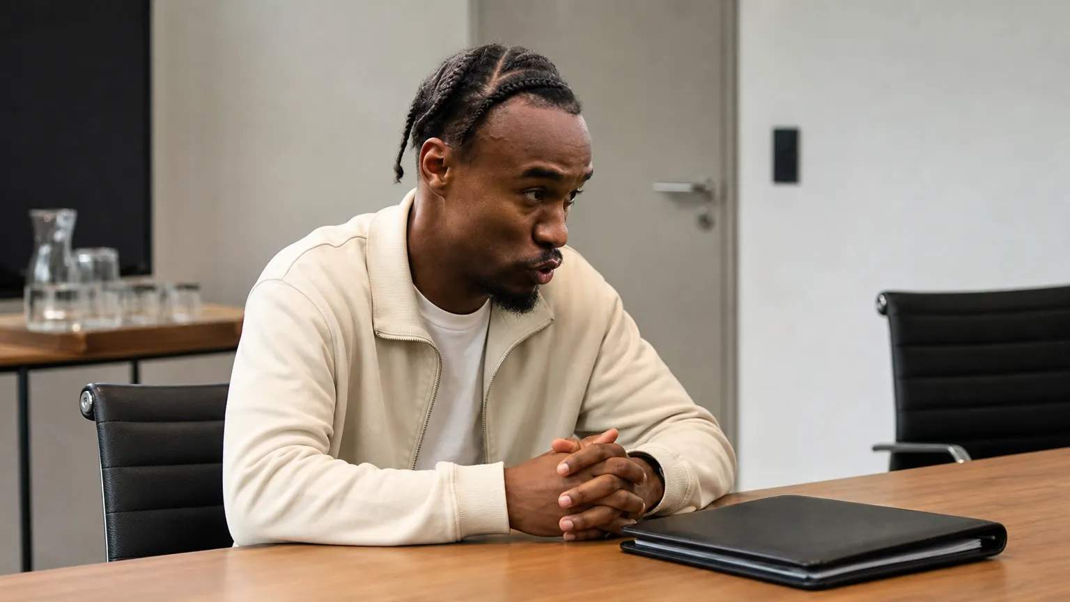Nathan Ngoumou zit in neutrale reiskleding in een rustige clubvergaderruimte.
