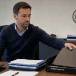 Een medewerker legt een transferdossier in een kantoor van Club Brugge opzij.