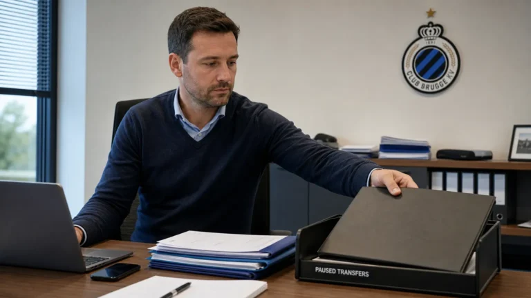 Een medewerker legt een transferdossier in een kantoor van Club Brugge opzij.