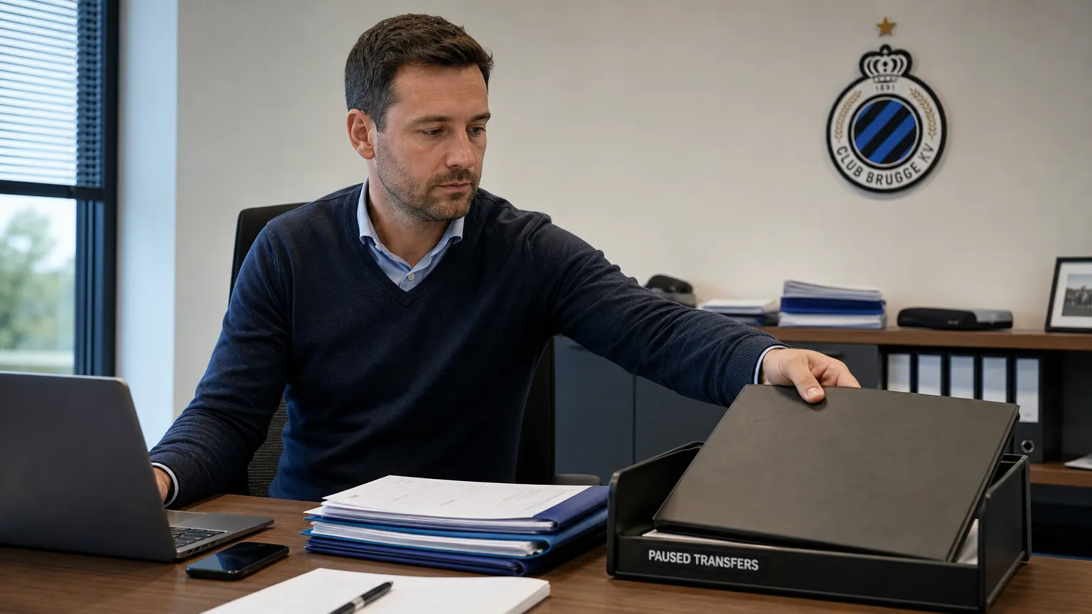 Een medewerker legt een transferdossier in een kantoor van Club Brugge opzij.
