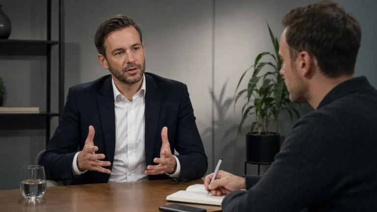 Een advocaat in neutrale kledij in gesprek met een journalist in een interviewstudio.