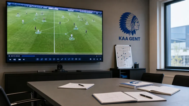 Voorbereide videoanalysesetting van KAA Gent in een functionele vergaderruimte.