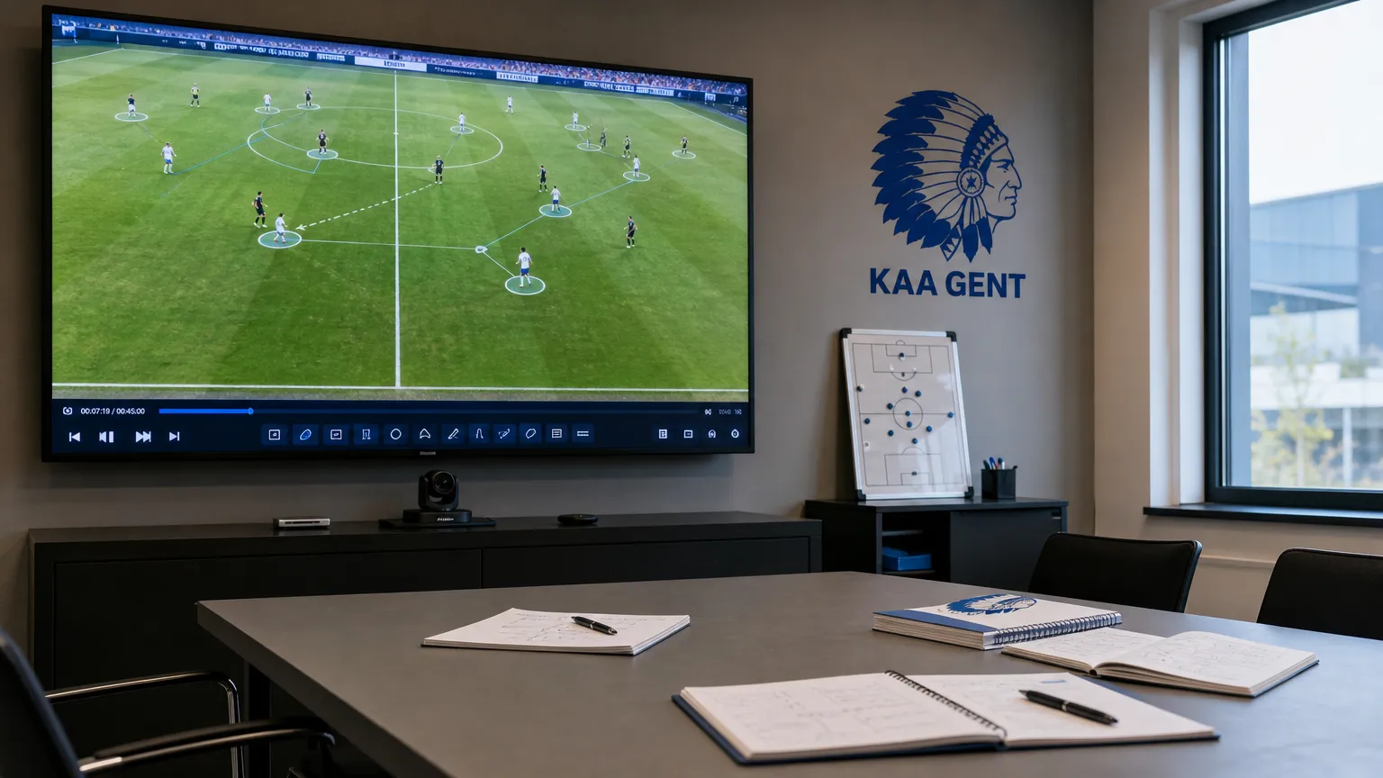 Voorbereide videoanalysesetting van KAA Gent in een functionele vergaderruimte.