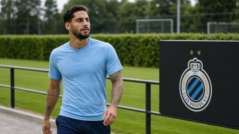 Ludovit Reis in neutrale sportkleding naast een trainingsveld van Club Brugge.