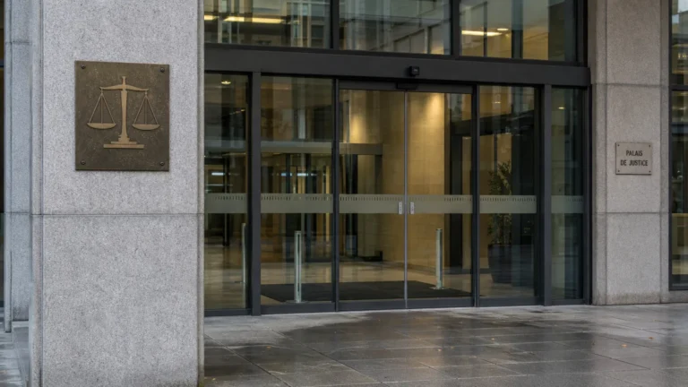 Ingang van een gerechtsgebouw in een rustige stedelijke omgeving.