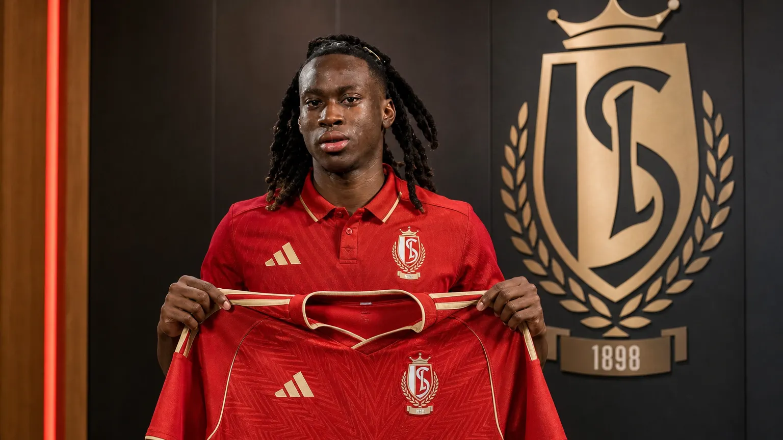 Ryan Fosso poseert met het Standard-shirt tijdens zijn officiële voorstelling in Luik.