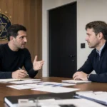Twee clubvertegenwoordigers bespreken een voorstel in een vergaderruimte met een discreet Maccabi Tel Aviv-wanddetail.