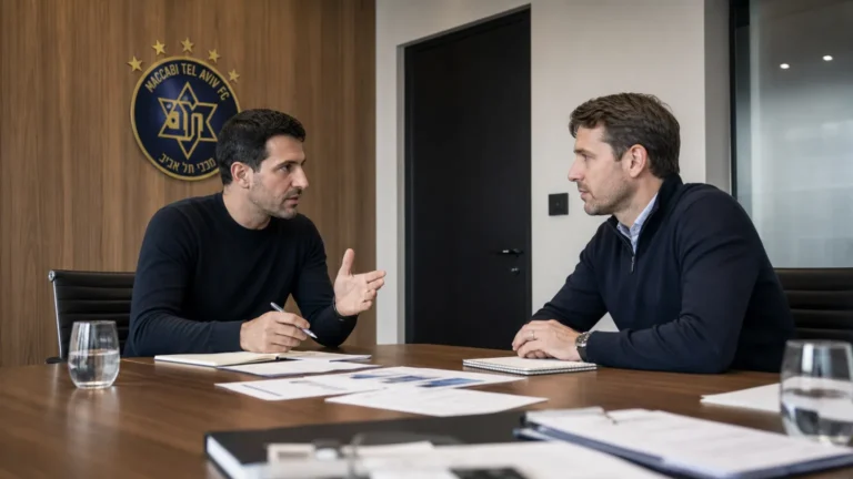 Twee clubvertegenwoordigers bespreken een voorstel in een vergaderruimte met een discreet Maccabi Tel Aviv-wanddetail.