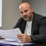 Antoine Sibierski bekijkt documenten aan een vergadertafel bij RSC Anderlecht.
