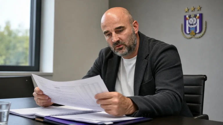 Antoine Sibierski bekijkt documenten aan een vergadertafel bij RSC Anderlecht.