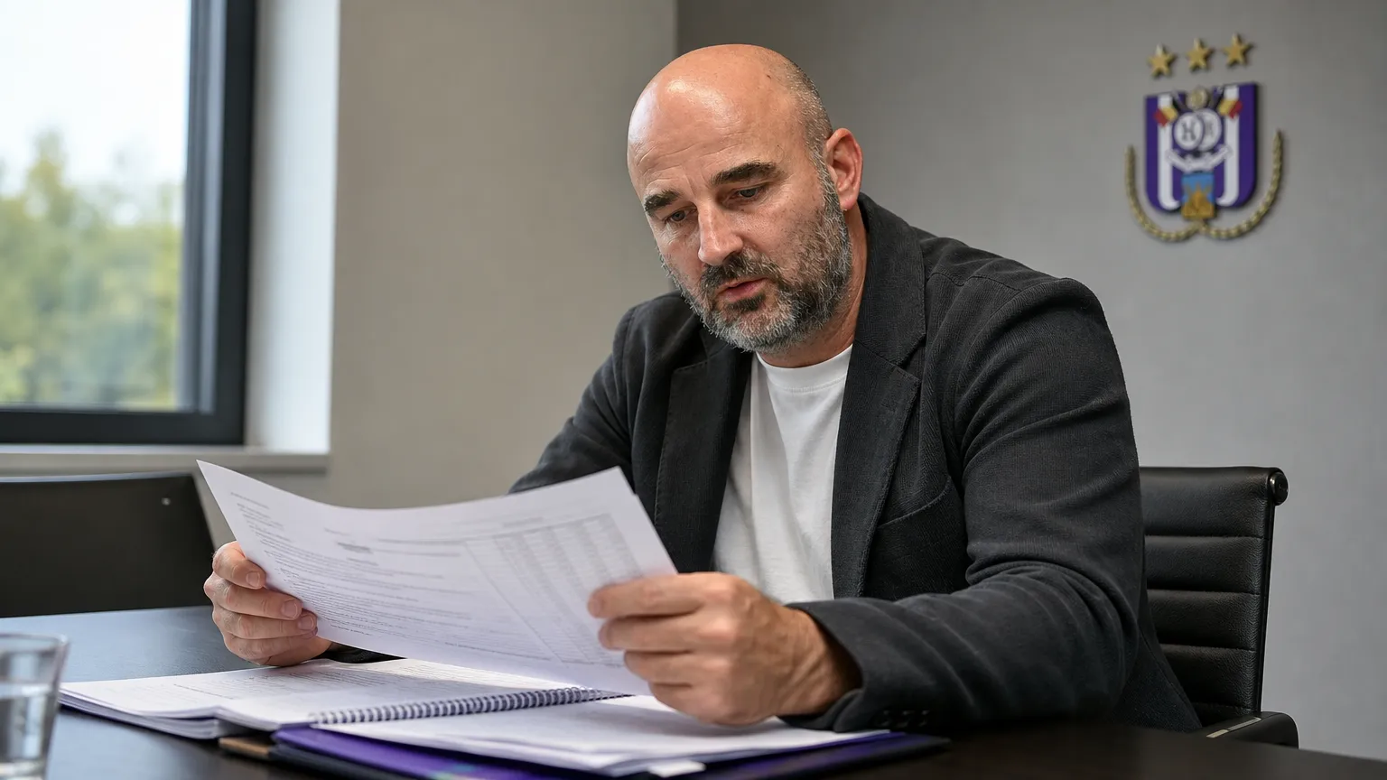 Antoine Sibierski bekijkt documenten aan een vergadertafel bij RSC Anderlecht.