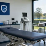 Een voorbereide medische onderzoeksruimte van KRC Genk met een discreet clubbord aan de wand.