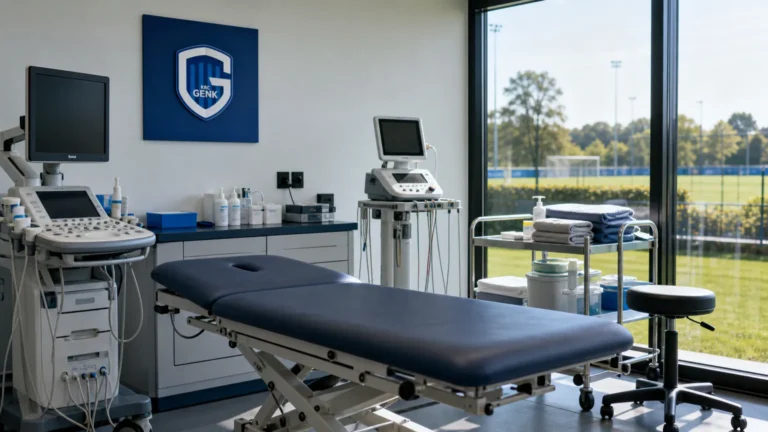 Een voorbereide medische onderzoeksruimte van KRC Genk met een discreet clubbord aan de wand.