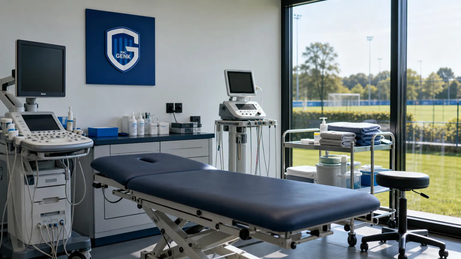 Een voorbereide medische onderzoeksruimte van KRC Genk met een discreet clubbord aan de wand.