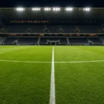 Een verlicht professioneel voetbalveld in de avond zonder spelers.