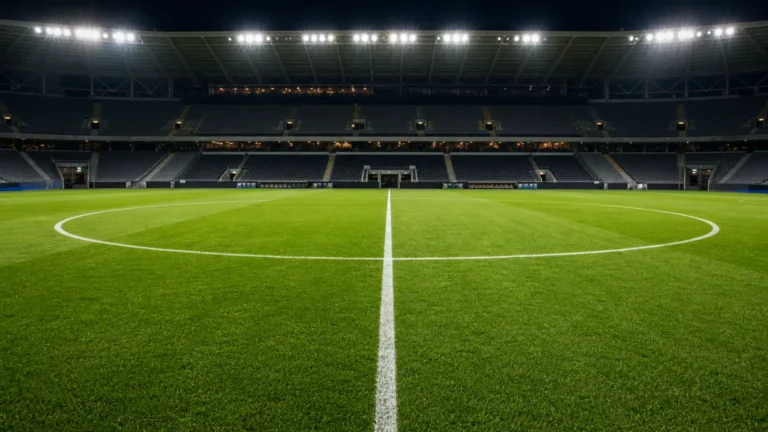 Een verlicht professioneel voetbalveld in de avond zonder spelers.