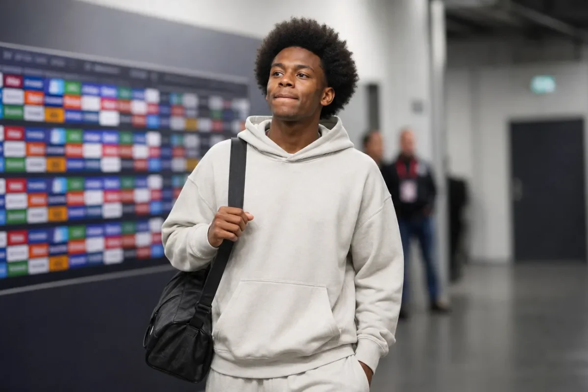 Rayane Messi in neutrale sportkleding in de mixed zone van een voetbalstadion.