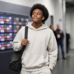 Rayane Messi in neutrale sportkleding in de mixed zone van een voetbalstadion.