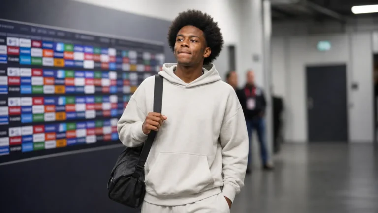Rayane Messi in neutrale sportkleding in de mixed zone van een voetbalstadion.