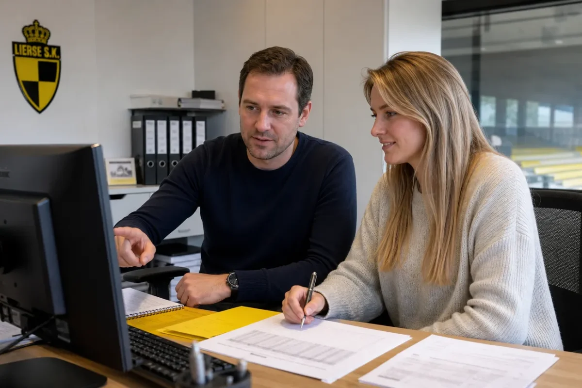 Twee medewerkers in een administratieve ruimte van Lierse SK met een discreet clubbord aan de wand.