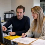 Twee medewerkers in een administratieve ruimte van Lierse SK met een discreet clubbord aan de wand.