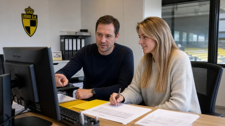 Twee medewerkers in een administratieve ruimte van Lierse SK met een discreet clubbord aan de wand.